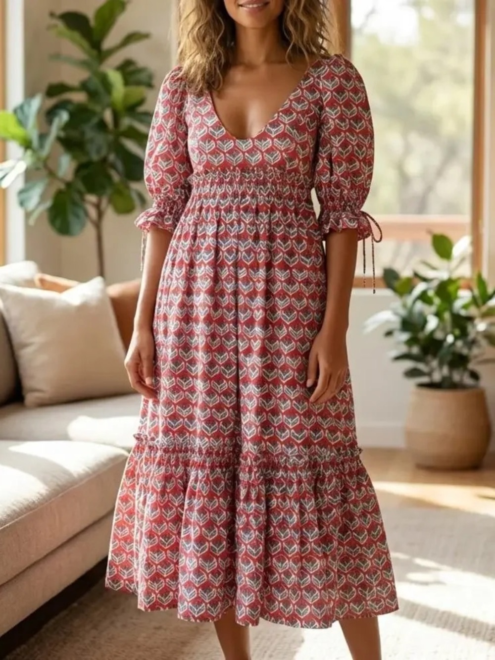 Eddy Hayley Red Floral Puff-Sleeve Maxi Dress with Smocked Waist